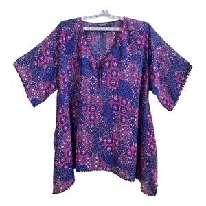 Lands End Swimsuit Coverup Woman’s Size XL Purple Floral Short Sleeve Beach Pool